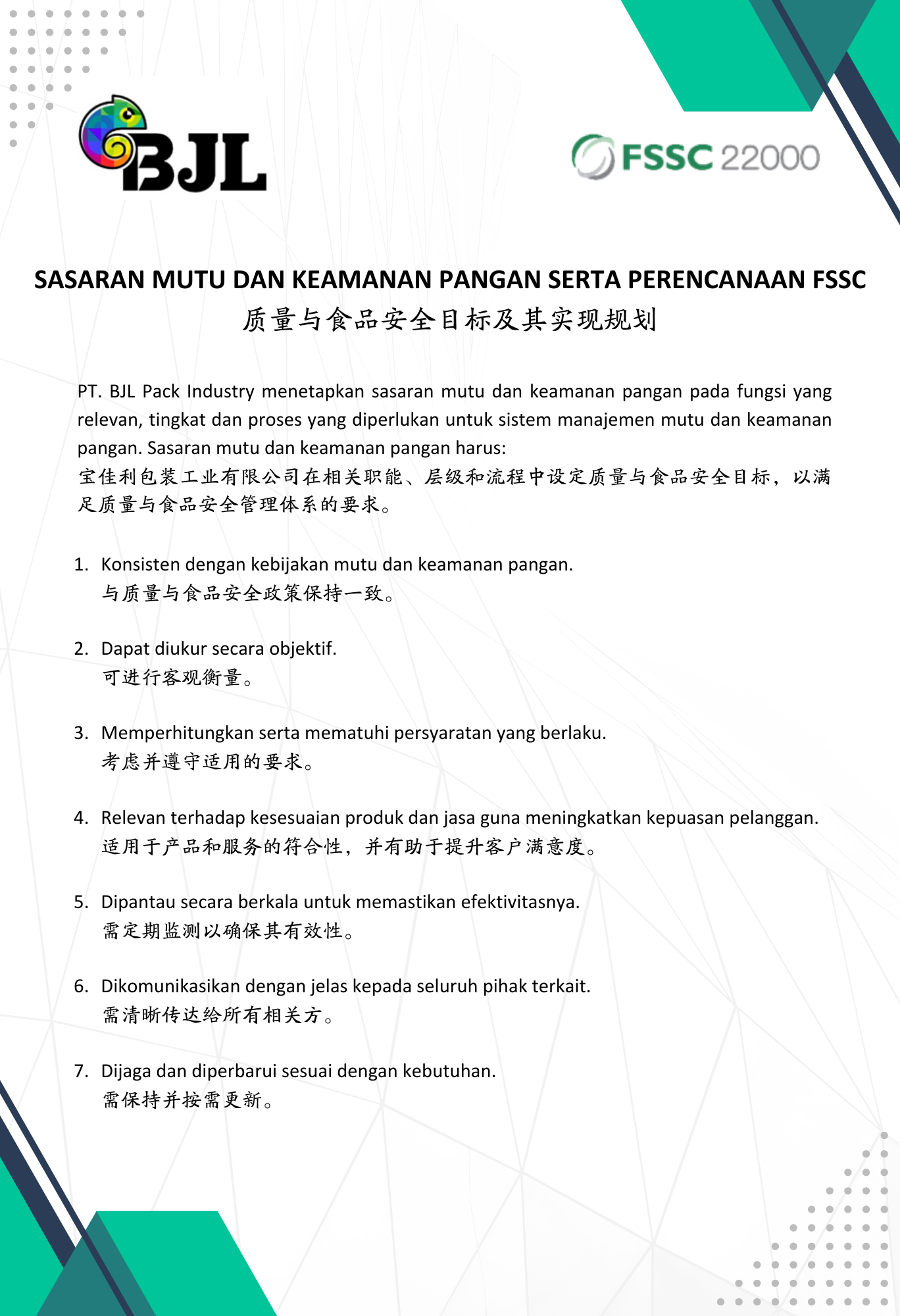 Food Quality & Safety Objectives